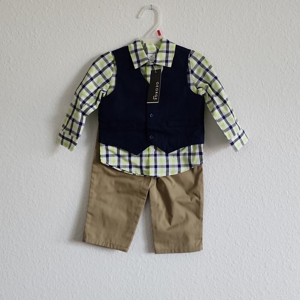 GEORGE Suit Set 3 Piece Pants Vest Button Down Shirt Size 18M Tan & Navy